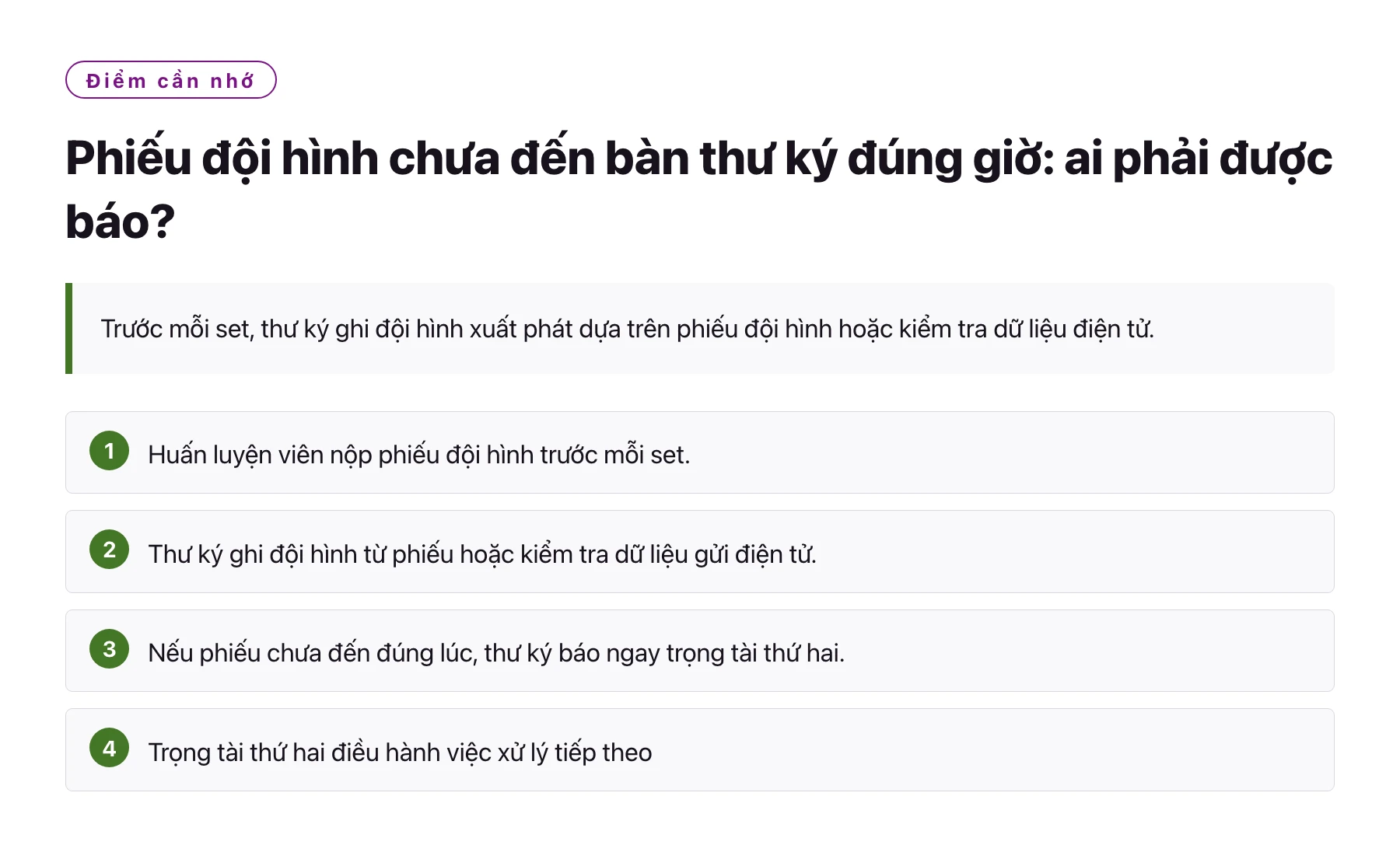 Phiếu đội hình chưa đến bàn thư ký đúng giờ: ai phải được báo?——全文要点速览